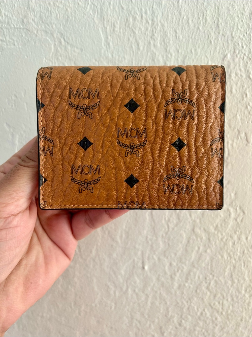 NIB Unisex MCM Visetos Cognac Bi-Fold Snap Leather Trimmed Flap Wallet